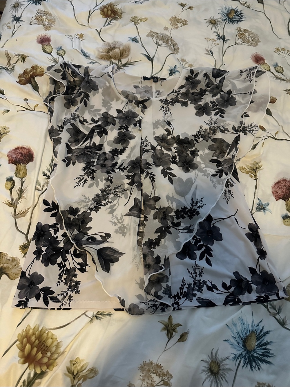 Sheer Black Floral Ruffle Sleeve Blouse - Women